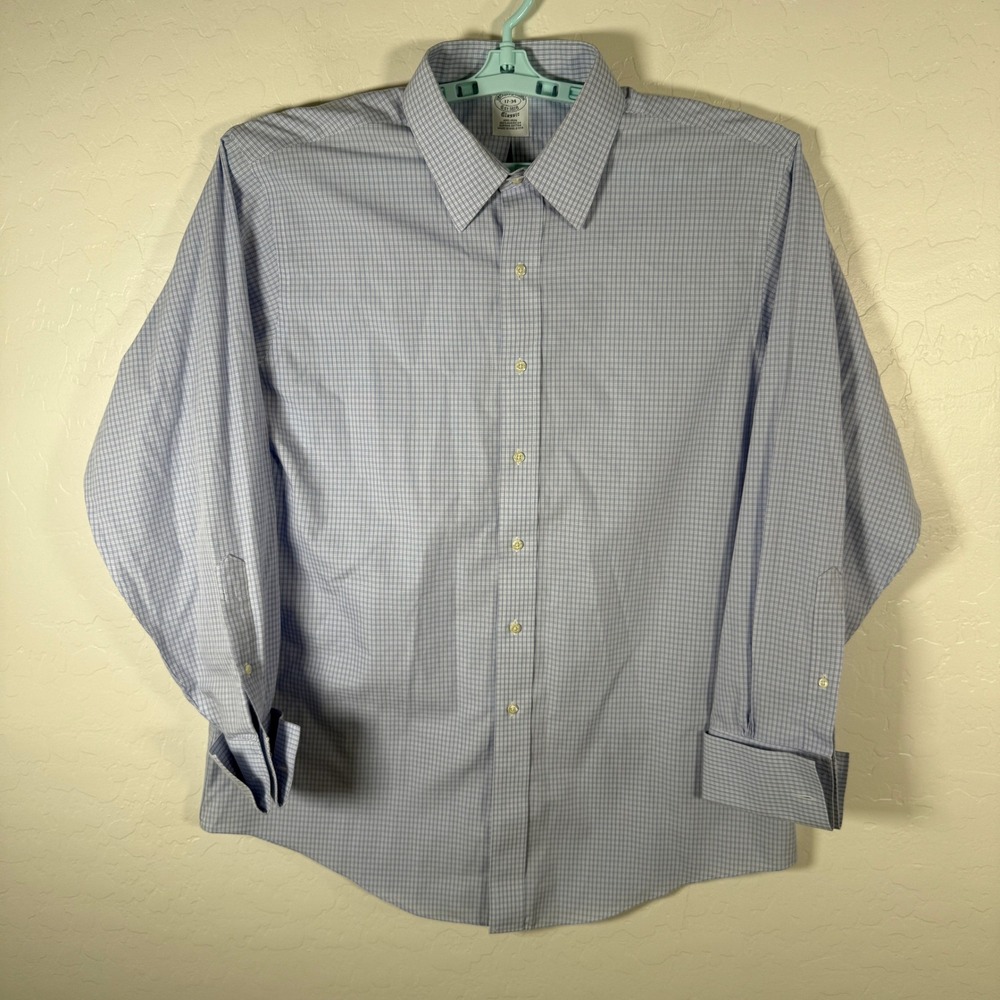 Brooks Brothers Button Down Shirt Mens 17-34 Blue French Cuff Plaid Non Iron
